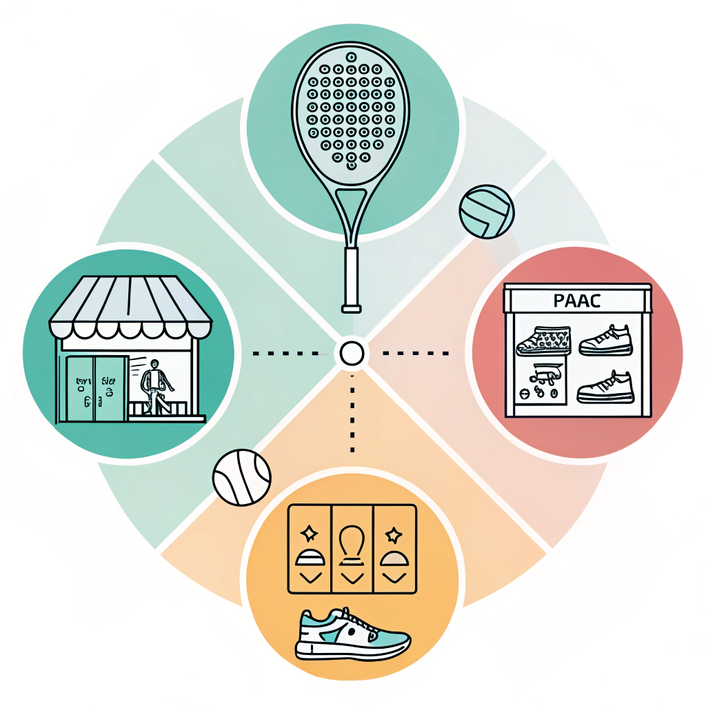Minimalist collage showing padel rackets used in sports clubs, retail and branded settings