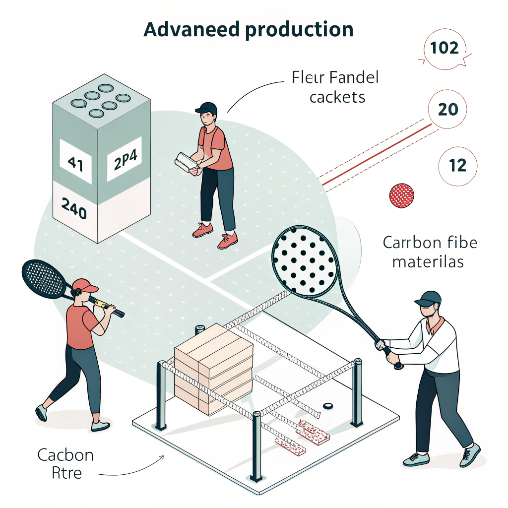 Minimalist depiction of padel racket production with clean lines and carbon fiber accents