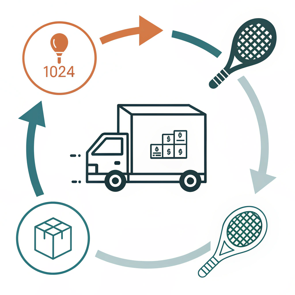 Minimal vector illustration of efficient padel racket logistics and delivery process.