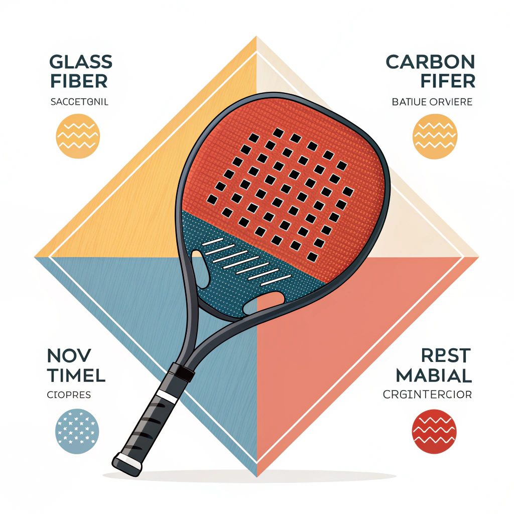 2D illustration of padel racket materials with abstract textures for glass and carbon fibers