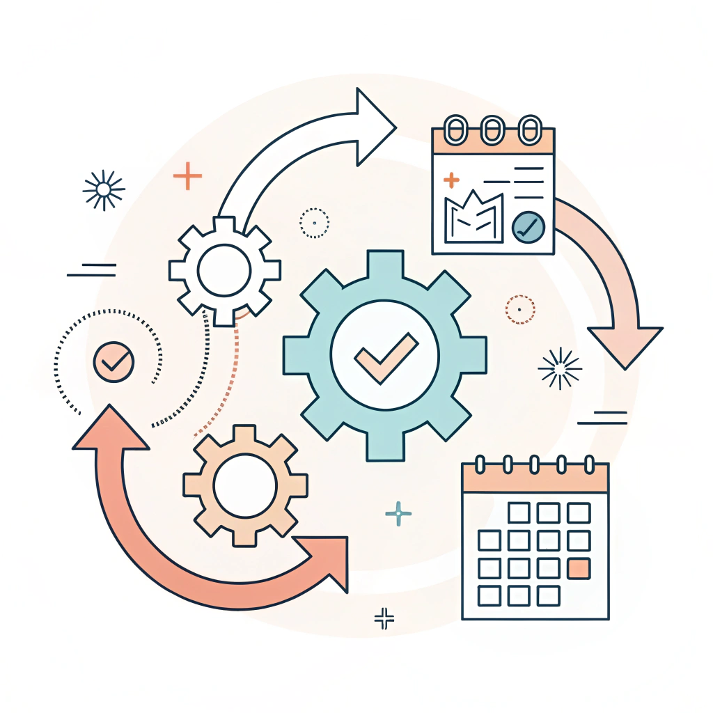 Minimal 2D illustration showing icons for planning, coordination, and risk management.