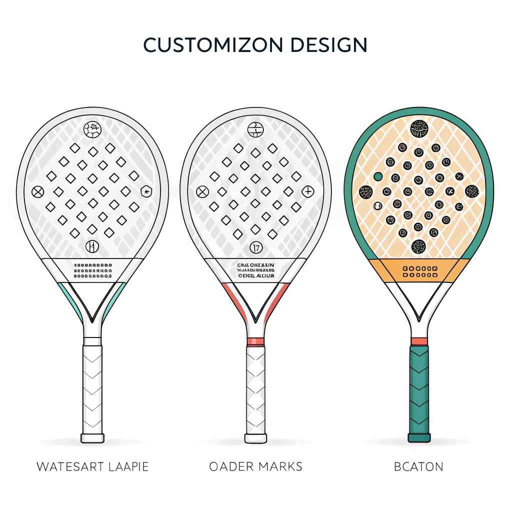 Minimalist illustration of diverse padel racket shapes with customization details