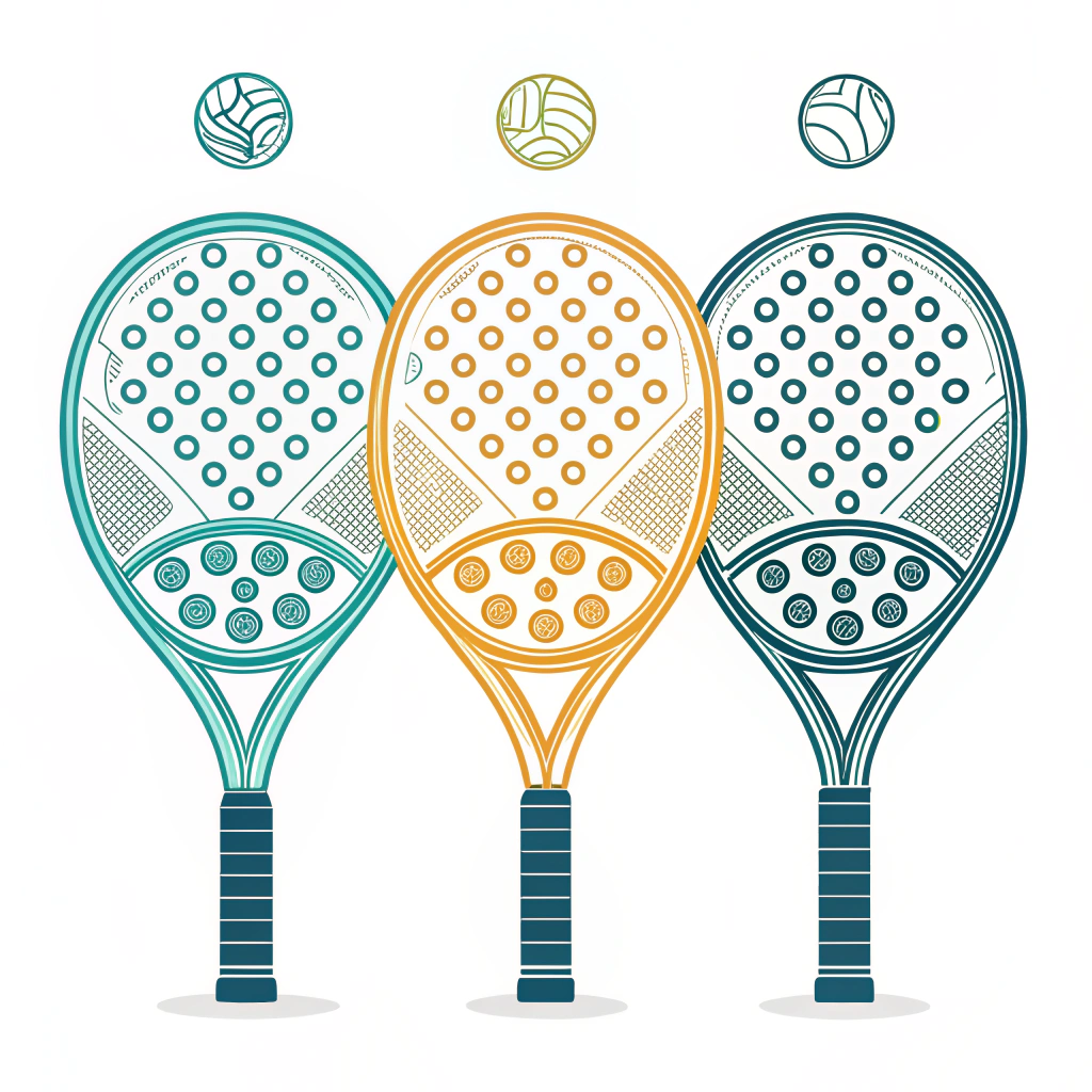 Minimal 2D illustration showcasing three geometric padel rackets with abstract production elements.