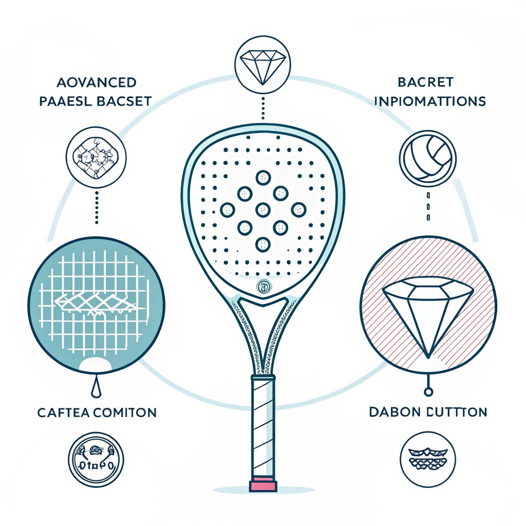 Minimalist illustration of advanced padel rackets with unique shapes and carbon fiber details