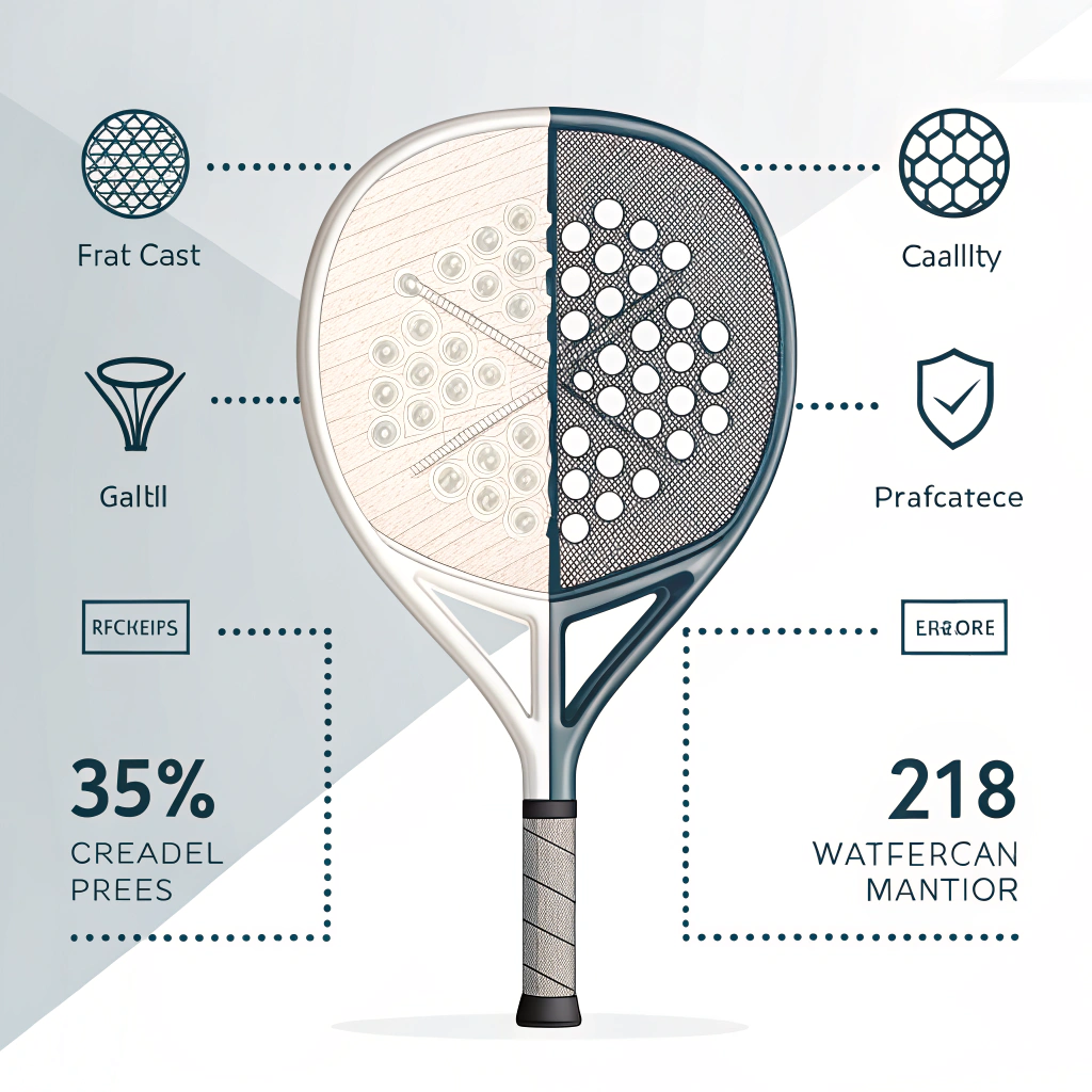 Minimalist 2D split illustration of a padel racket showcasing contrasting fiberglass and carbon fiber textures in a modern design.