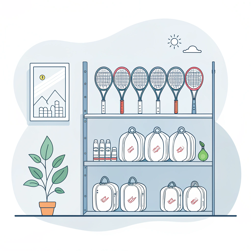 Minimal flat style image of padel rackets in a climate-controlled storage setting.