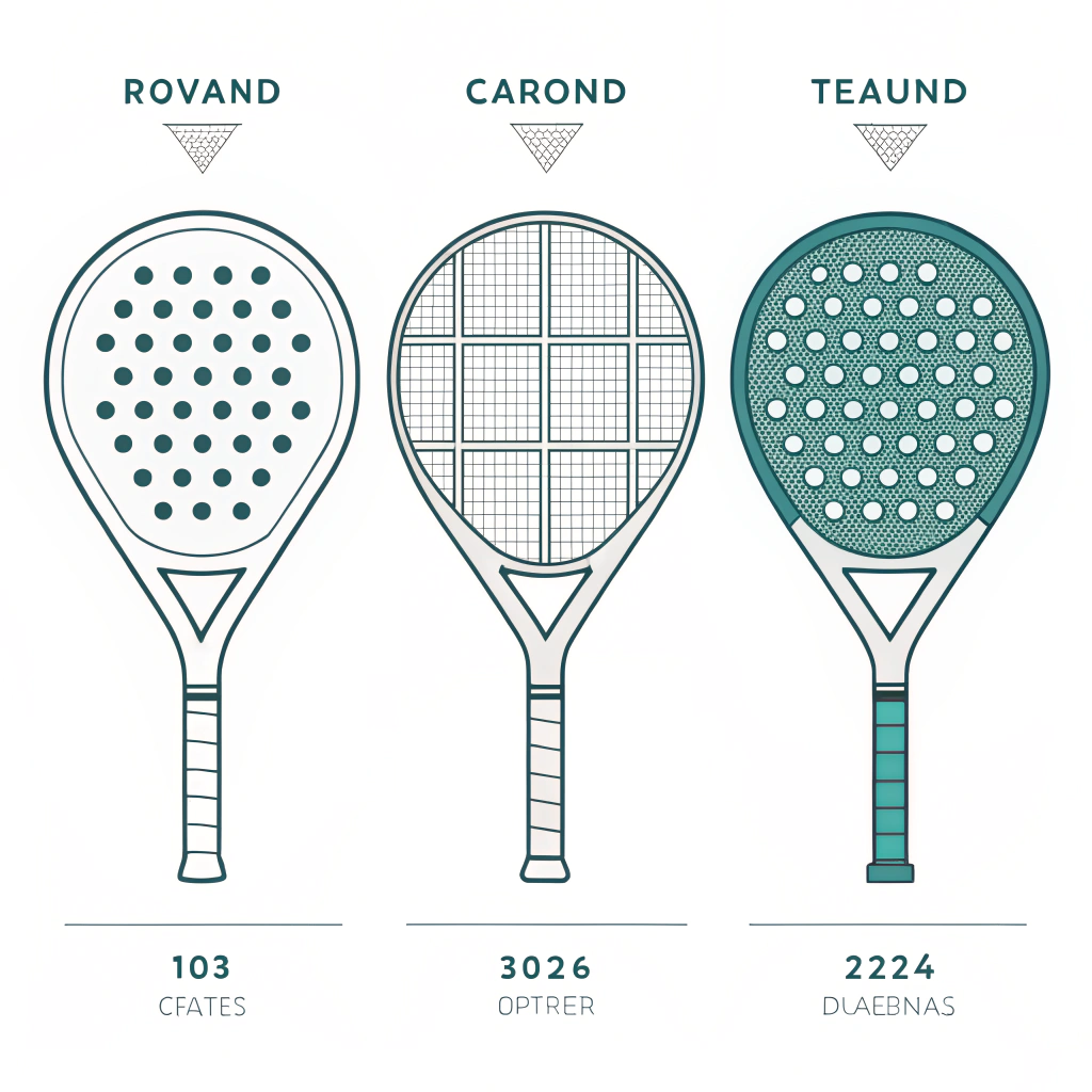 Three stylized padel racket shapes in a clear, flat design emphasizing technical differences.