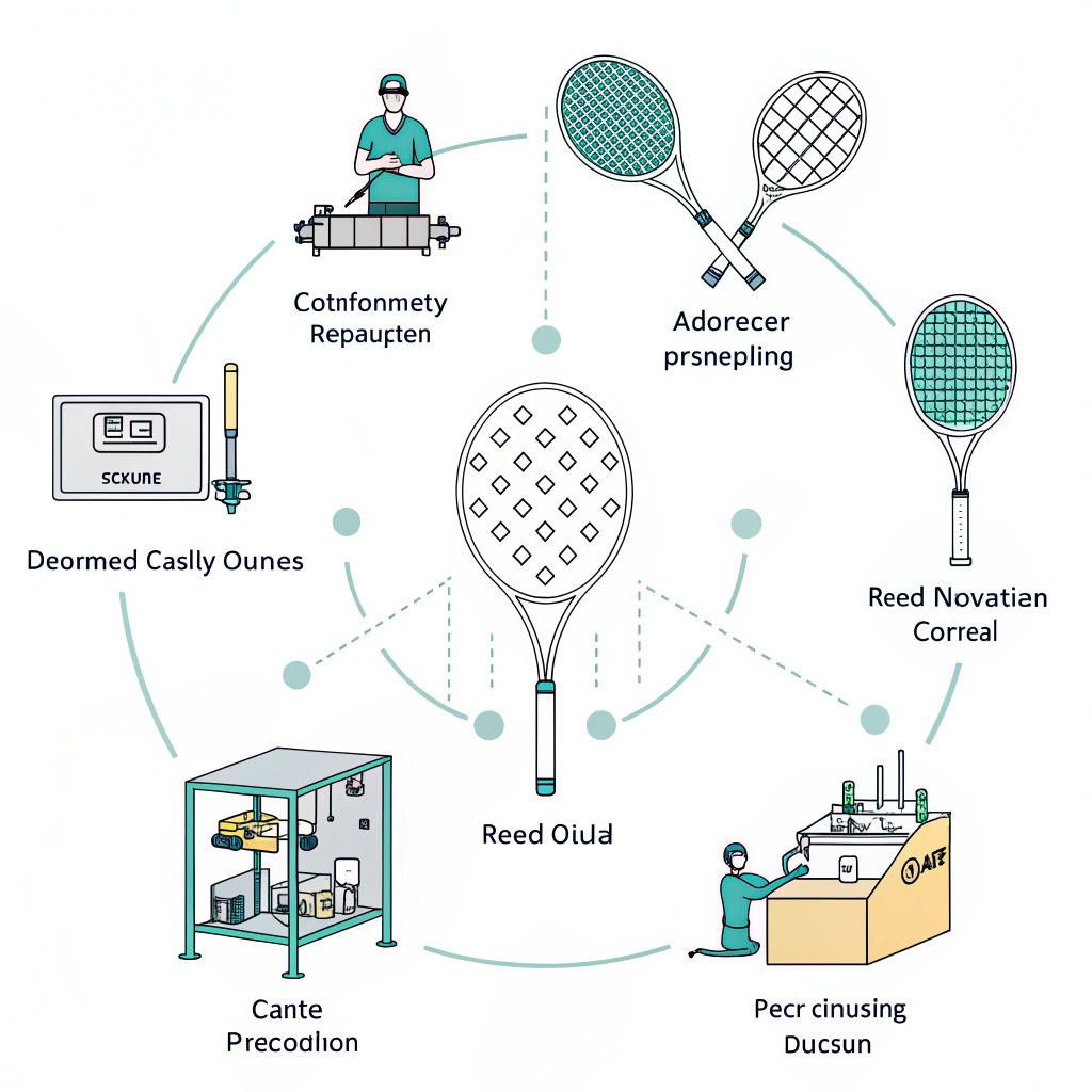Minimal flat illustration showing the complete process of padel racket manufacturing in a sequential style.