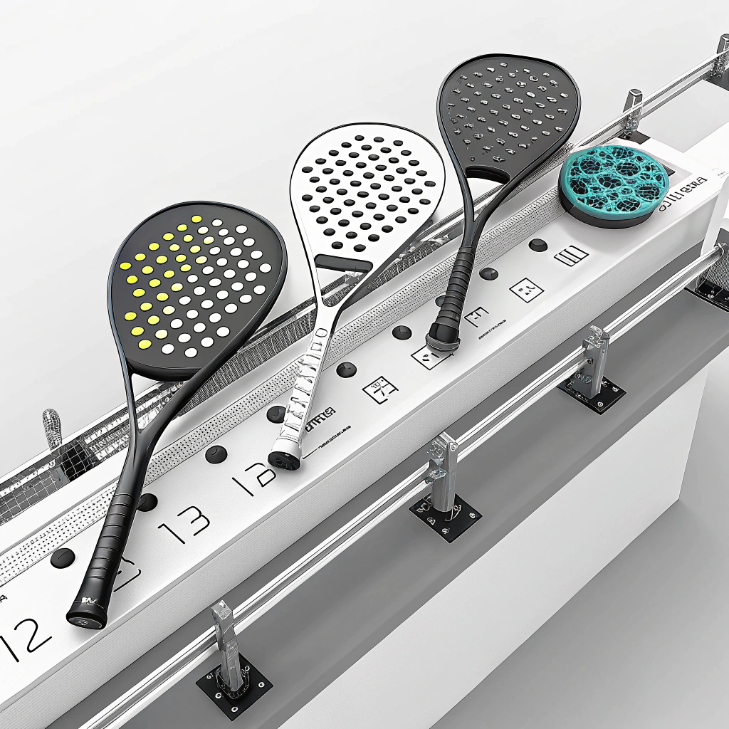 Minimalist 2D illustration showcasing custom padel rackets and modern manufacturing elements.