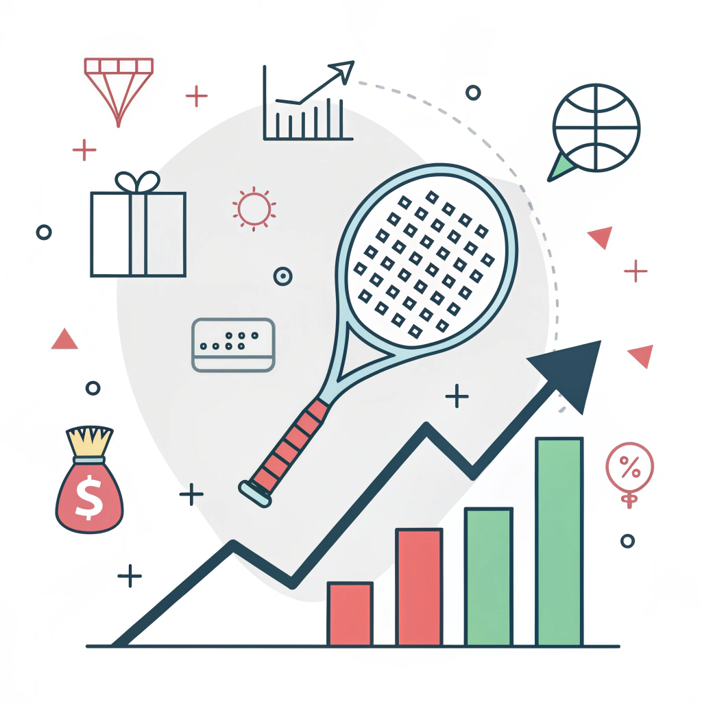 Minimalist padel racket with rising trend graph and retail elements in 2D style