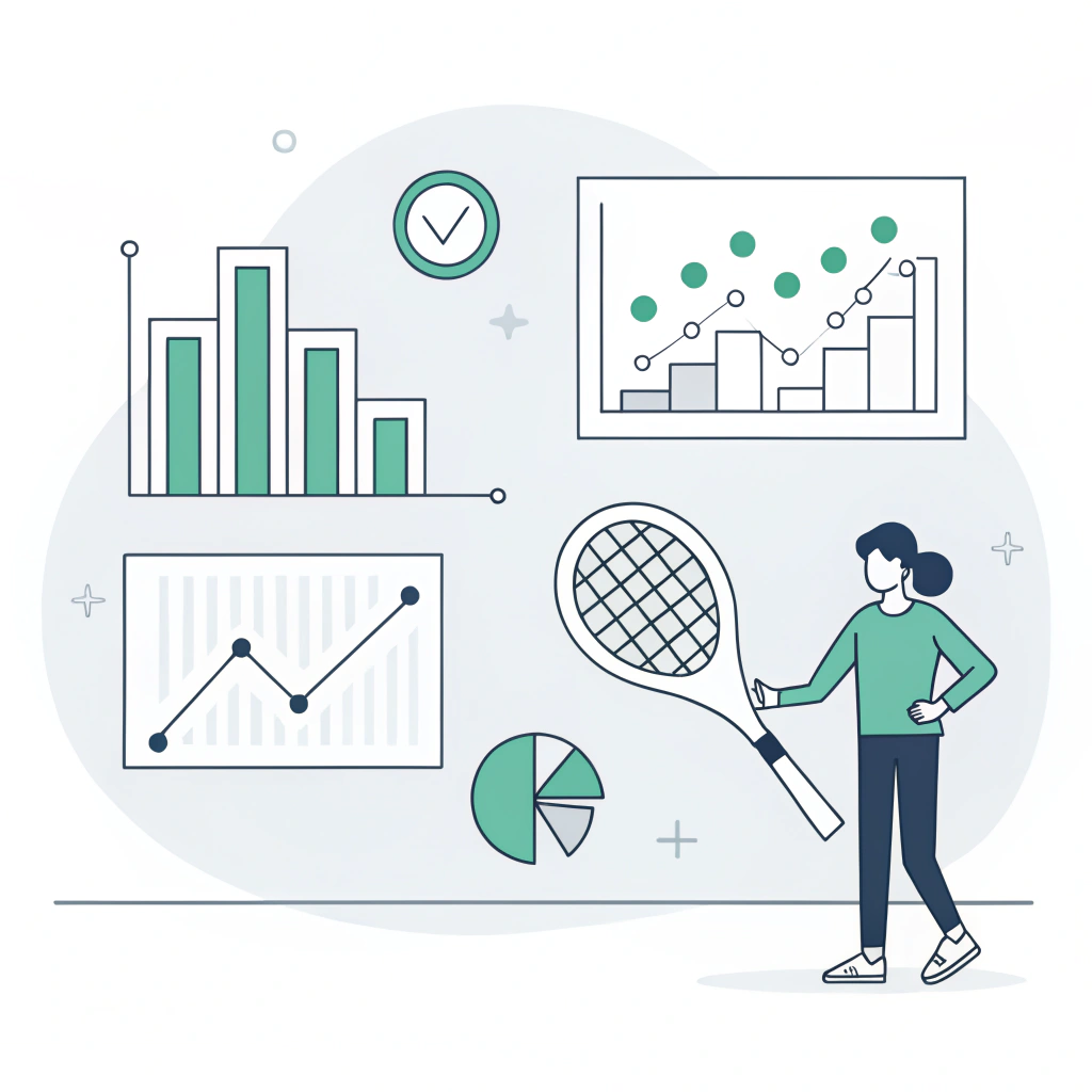 Minimal illustration of B2B padel decision-making with abstract charts and racket icon