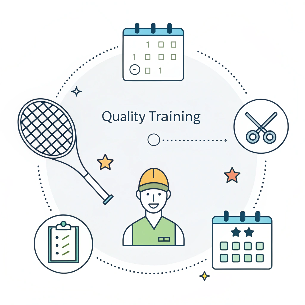 Minimalist illustration of a strategic plan for padel racket maintenance and staff training