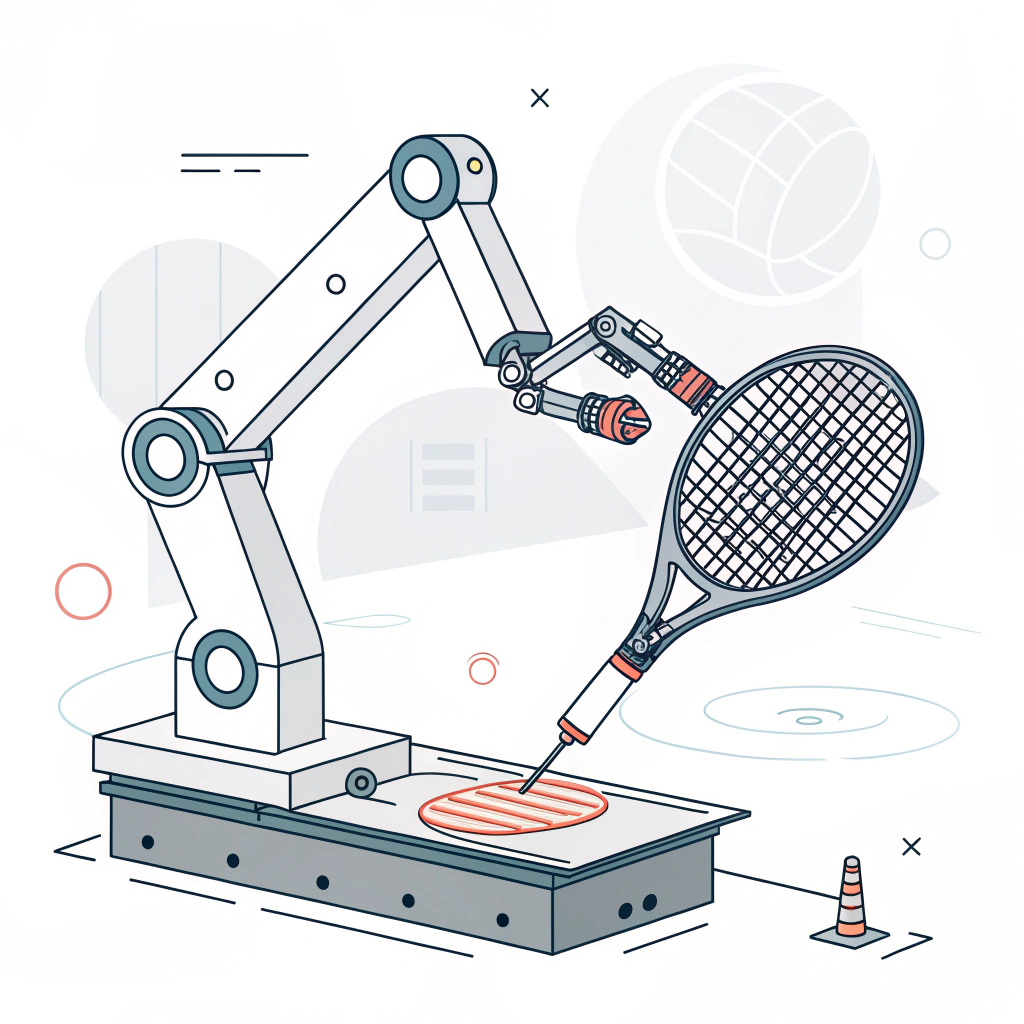 Minimalist 2D illustration of robotic precision in padel racket production.