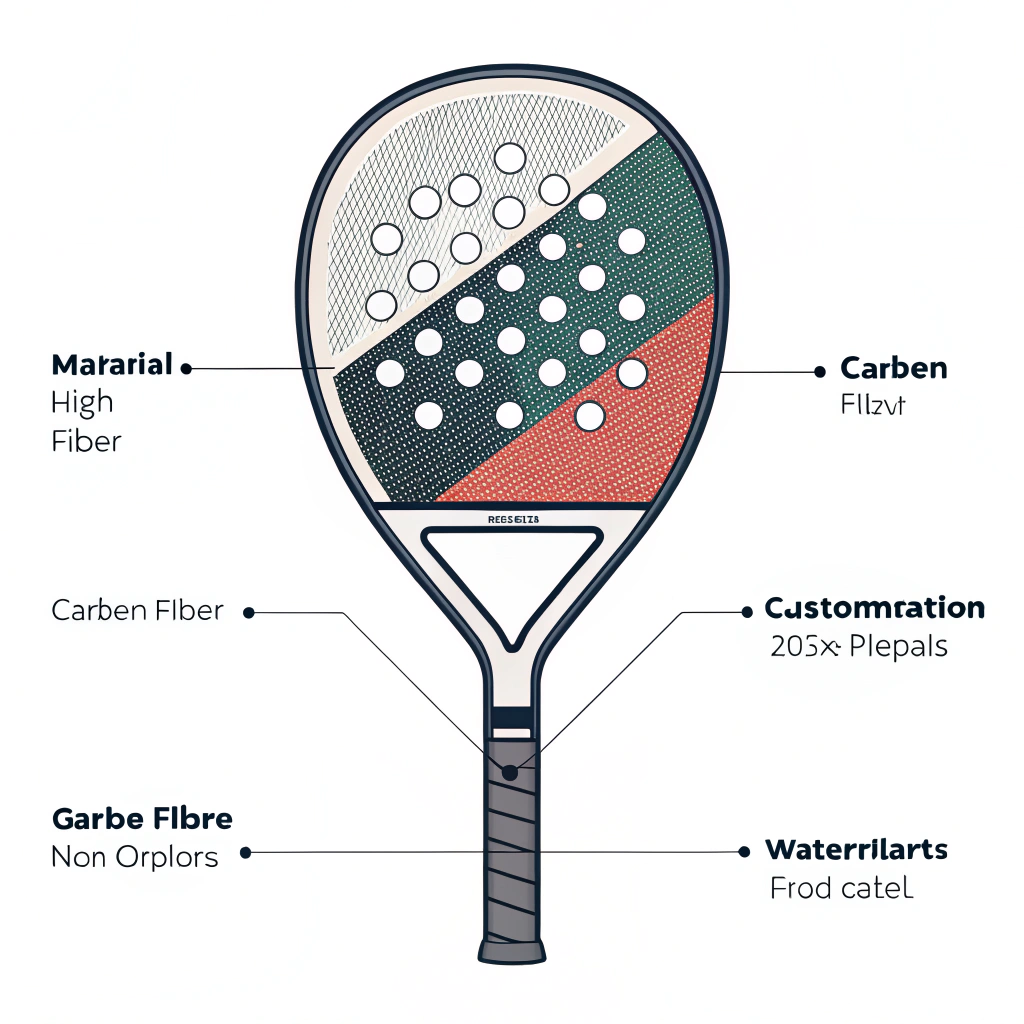 Minimalist illustration of a padel racket showcasing material and customization options.