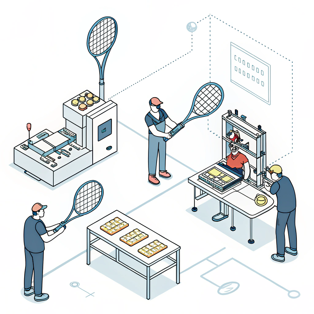 Flat illustration of padel racket manufacturing with quality control visuals
