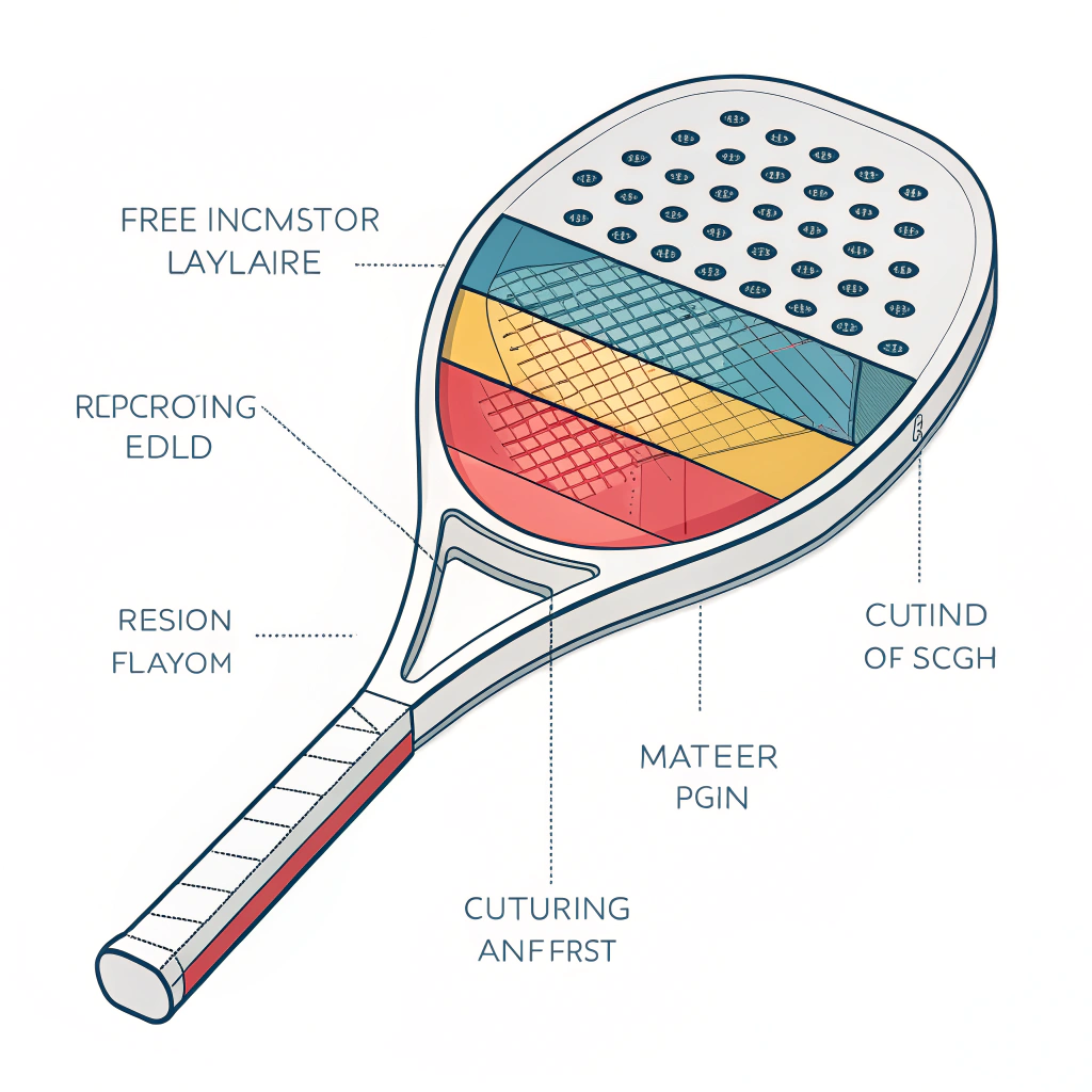 Minimalist illustration showing layered molding and resin infusion process in padel racket production