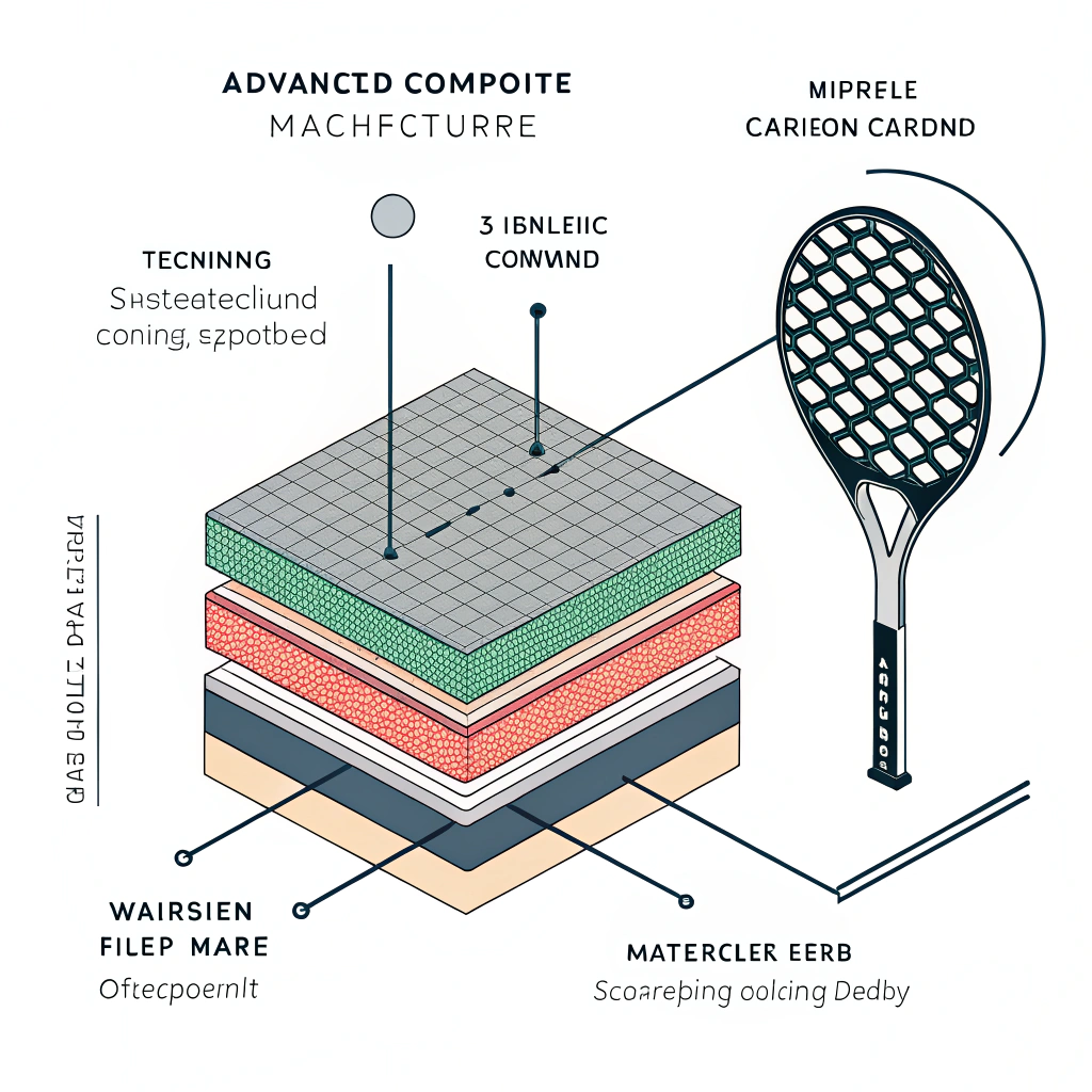 Minimalist style illustration showcasing advanced padel racket production with composite materials and precise techniques