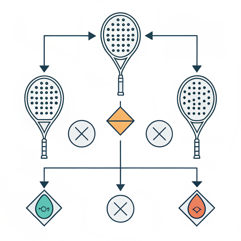 Minimal 2D illustration displaying varied padel racket shapes in a decision-making layout