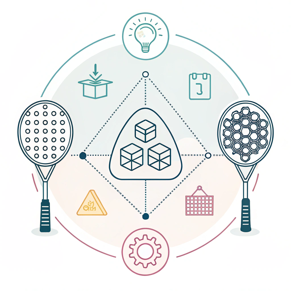 Flat illustration of padel rackets with abstract icons representing quality control and customization.