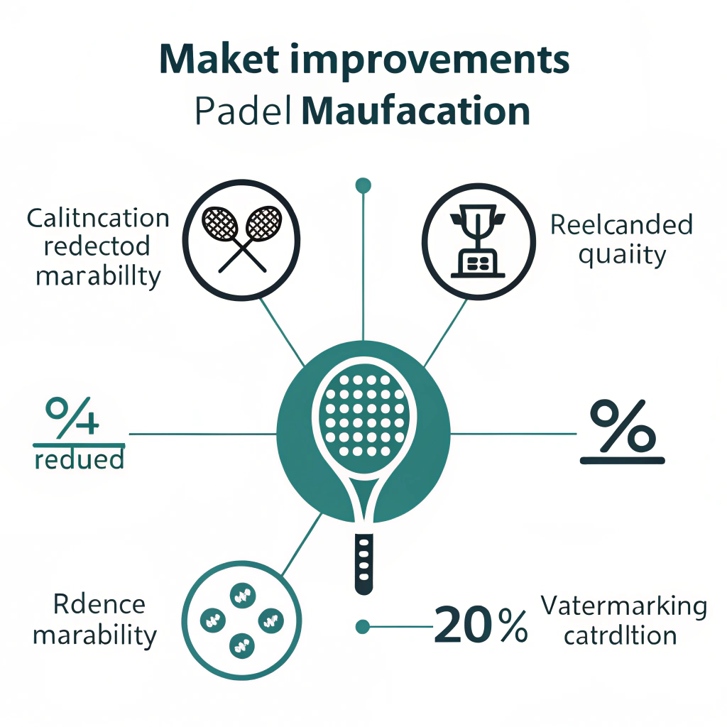 Minimalist infographic showing improvements in calibration and quality in padel racket production.