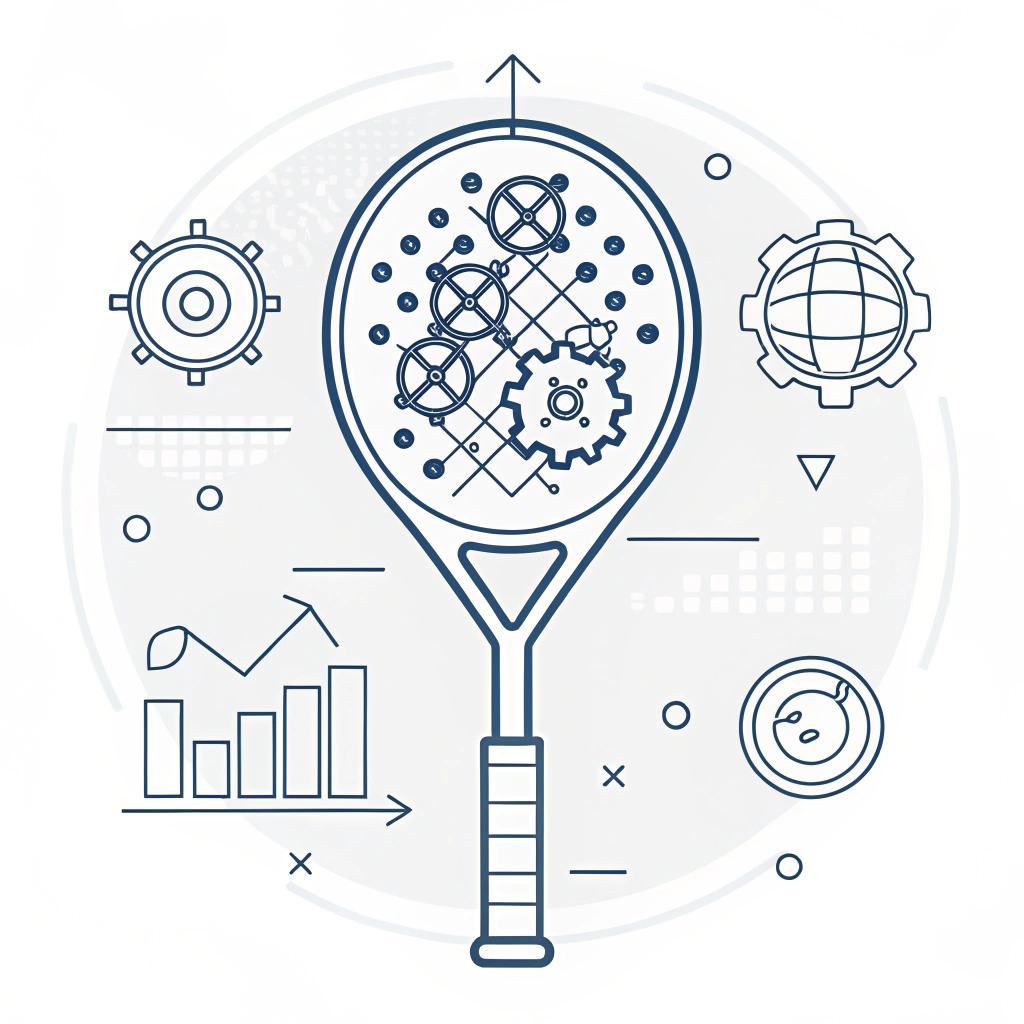 Flat modern illustration of a padel racket with abstract tech elements indicating performance feedback