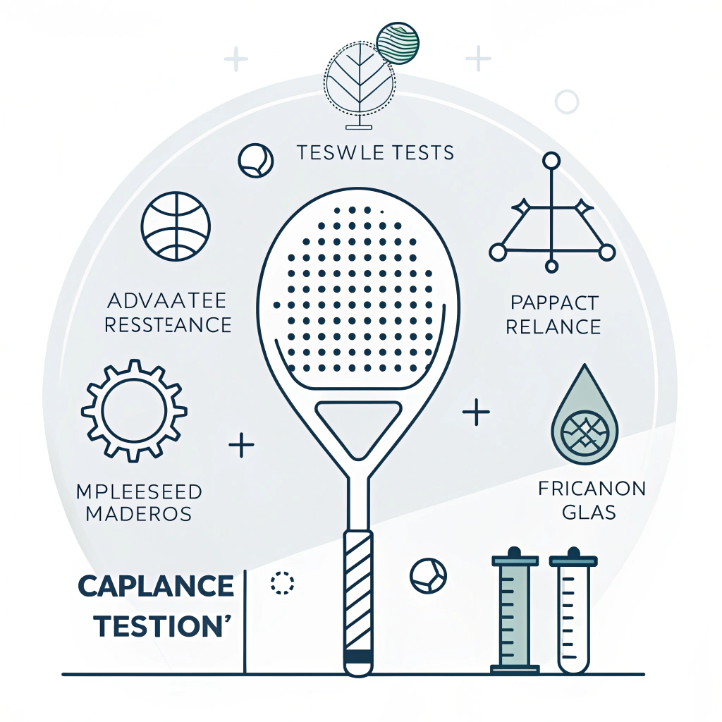 Flat 2D illustration of a padel racket in a lab testing environment with abstract testing icons.