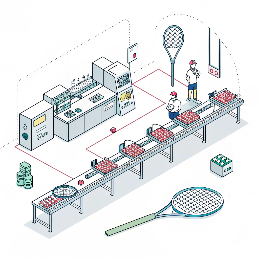 Minimalist illustration of Chinese padel racket production with modern machinery.