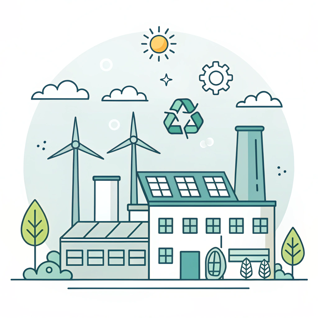 Minimalist 2D art displaying eco-friendly advanced production techniques in a padel manufacturing facility