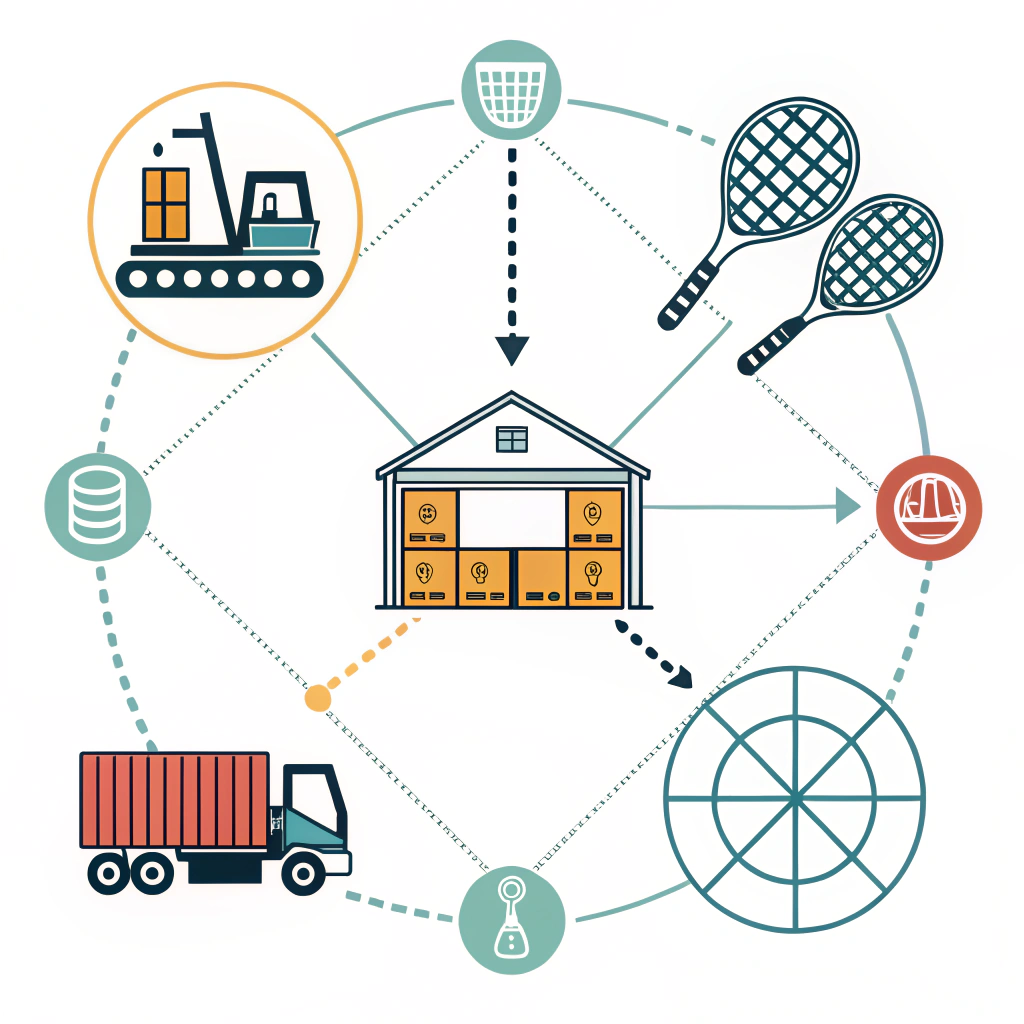 Abstract minimalist supply chain network with padel rackets and icon elements