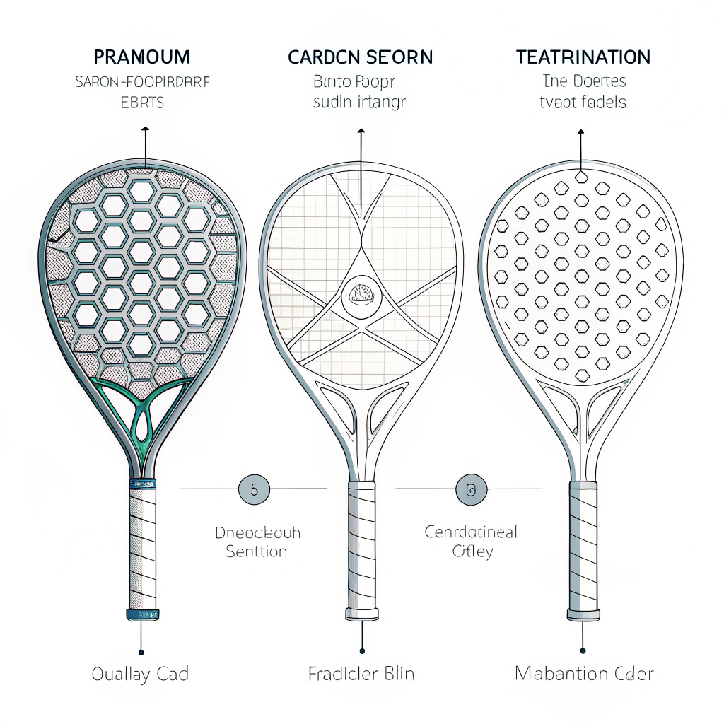 Minimalist 2D illustration showing innovative padel racket shapes and advanced materials