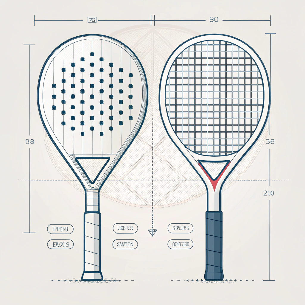 Clean minimalist 2D illustration comparing padel and tennis rackets with technical details.