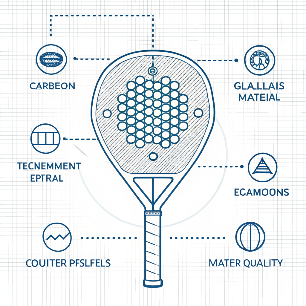 A 2D minimalist illustration of a padel racket integrated with blueprint elements symbolizing advanced quality control.