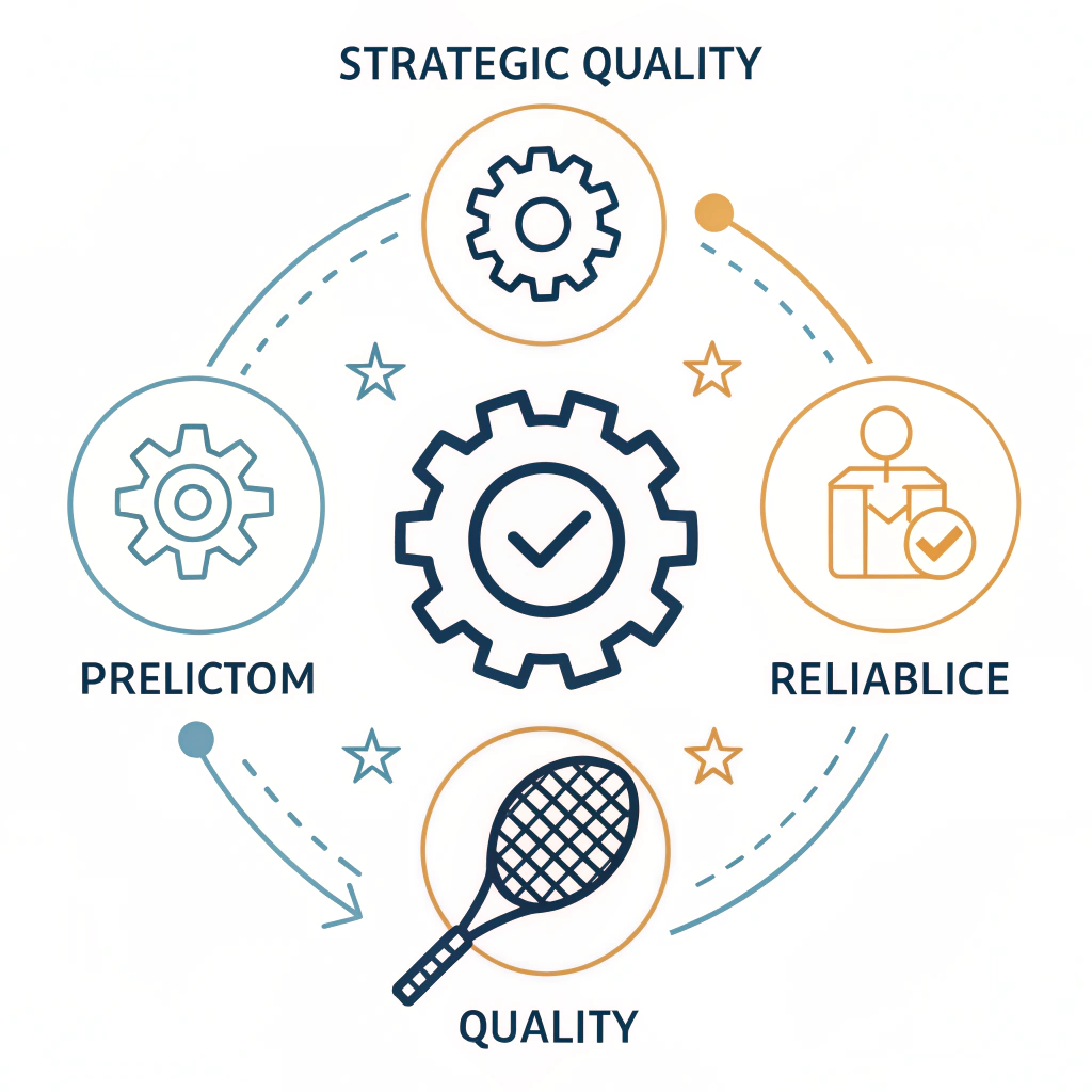 Minimalistic 2D illustration combining icons of quality control, innovation, and production efficiency.
