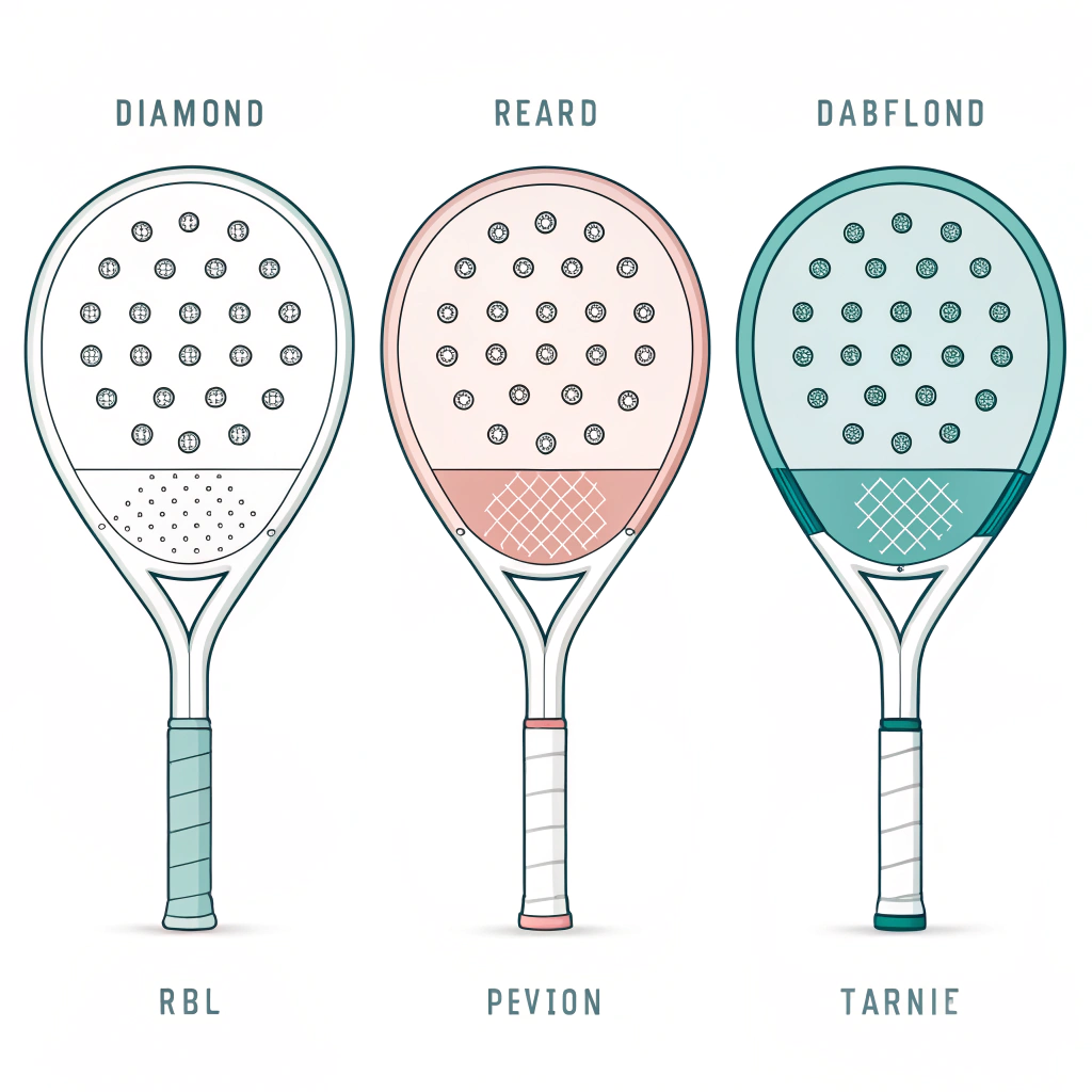Flat illustration comparing Diamond, Round, and Teardrop padel racket shapes.