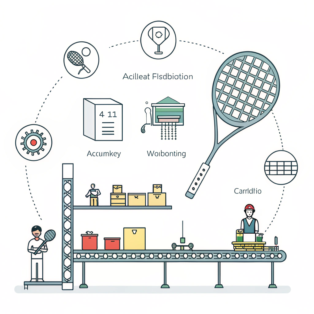 Minimalistic illustration of padel racket production process with streamlined, modern manufacturing icons