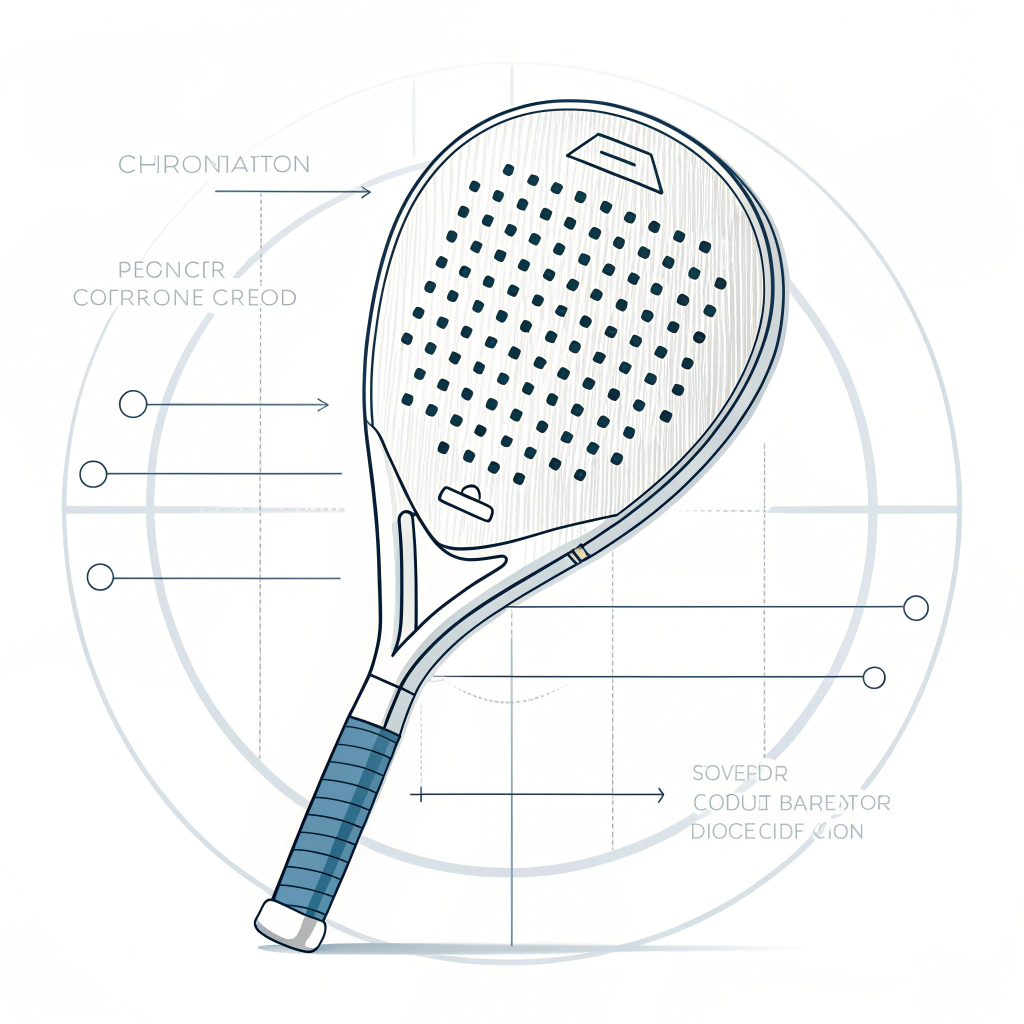 Minimalist illustration of a high-quality padel racket with technical blueprint details.