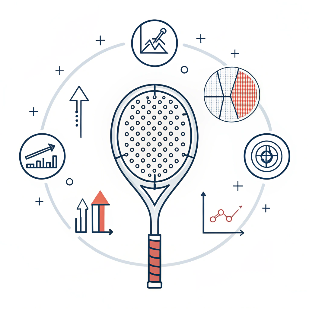 "2d abstract illustration of a padel racket integrated with performance icons in minimalist style"