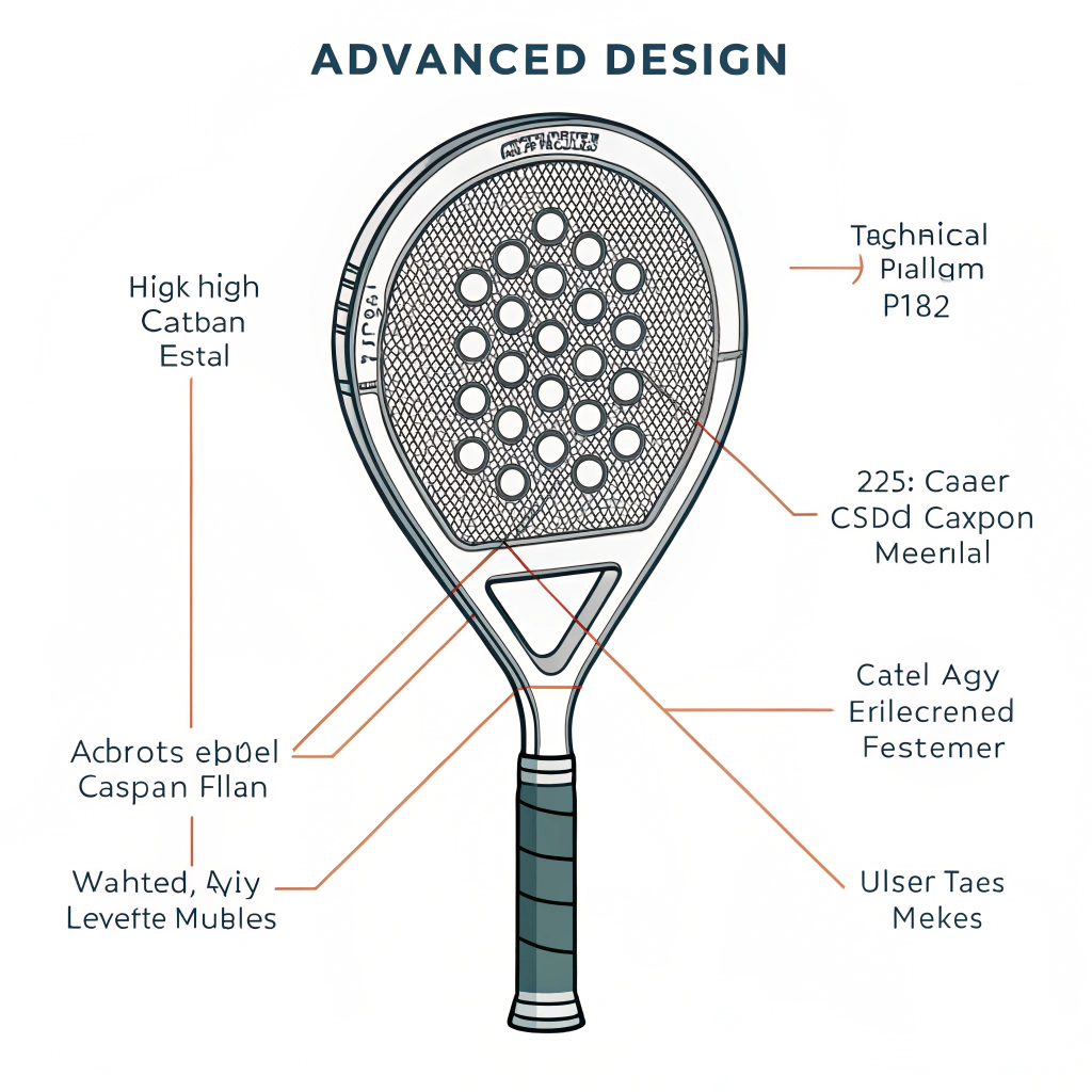 minimalist 2D padel racket technical illustration with layered materials