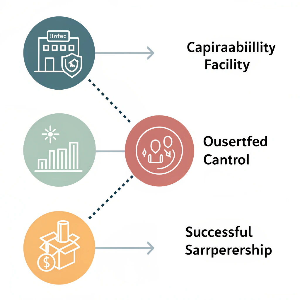 Minimalistic process flow icons depicting facility, customization, quality control, and partnership.