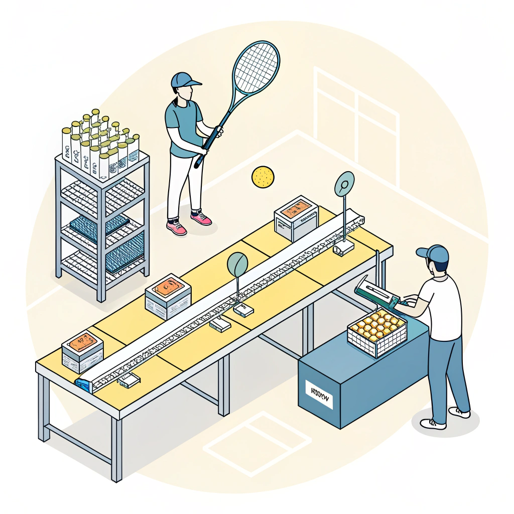 Minimalist vector art of quality control testing in padel racket manufacturing process