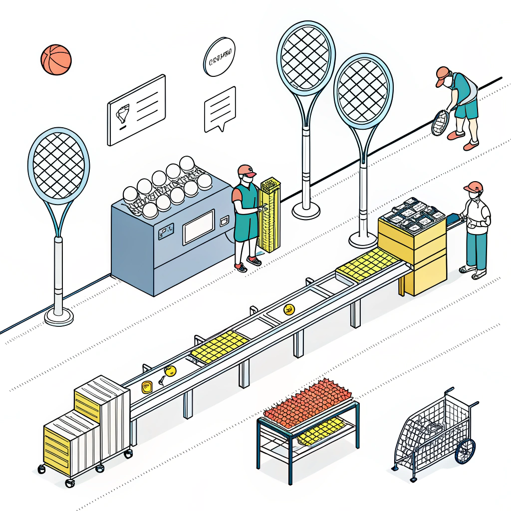 Minimalist 2D depiction of a padel racket production line with quality inspection elements