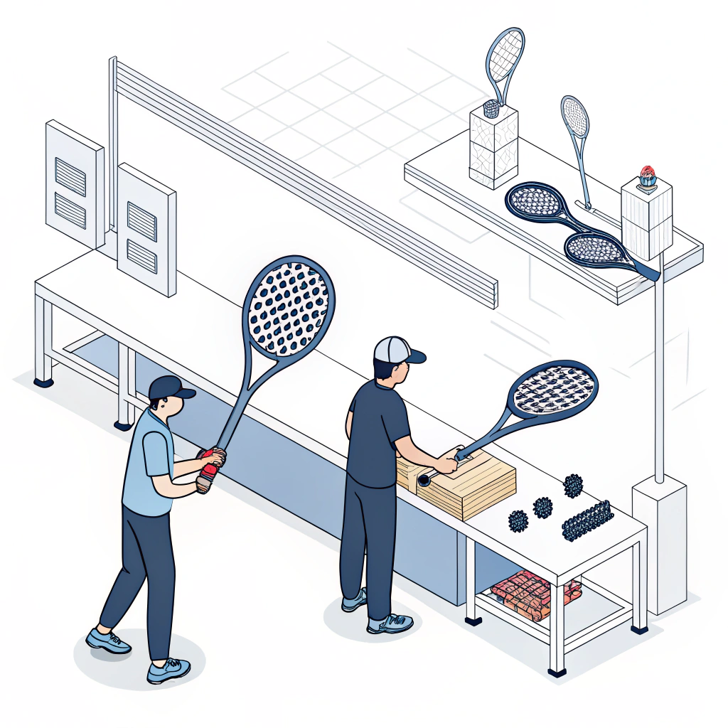 Minimalist depiction of futuristic padel grip production in a sleek setting
