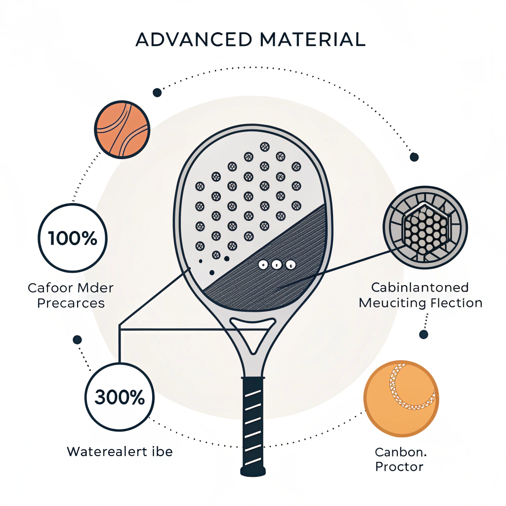 Minimal illustration depicting advanced carbon fiber textures and precision manufacturing for padel rackets.