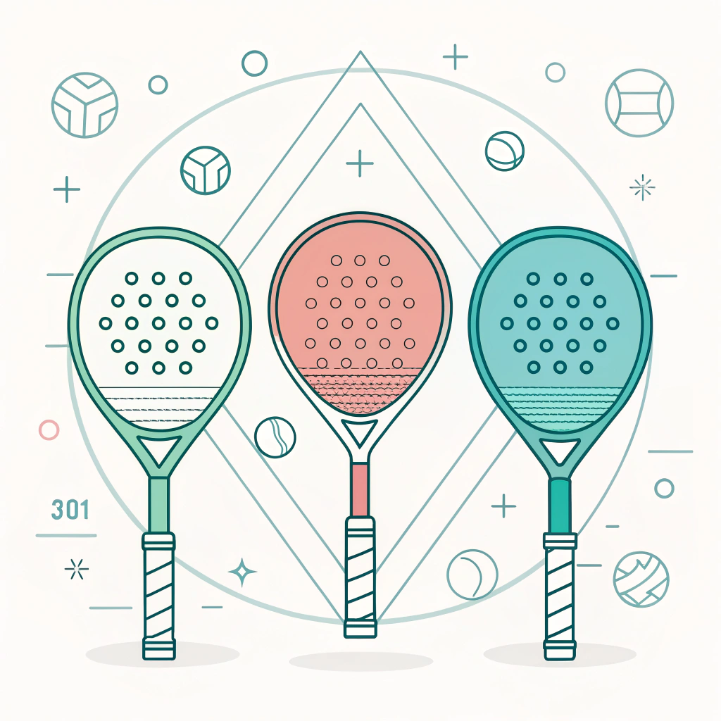 Flat minimalist illustration of three unique padel rackets and court surface textures