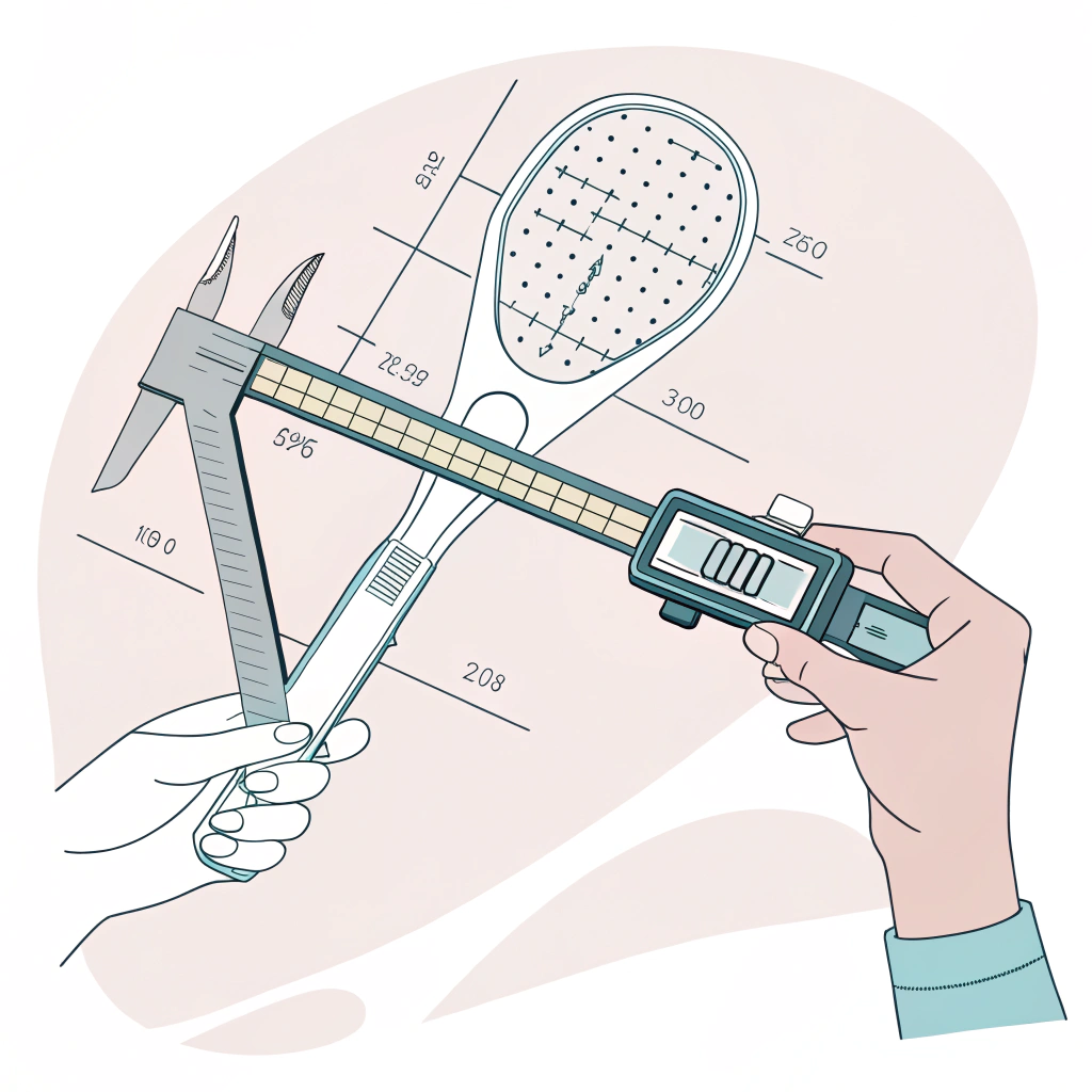 Minimal 2D illustration showing hand measurement with digital caliper for ergonomic padel grip.