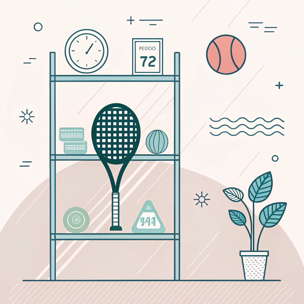 Minimal flat illustration of a padel racket in a climate-controlled storage setting