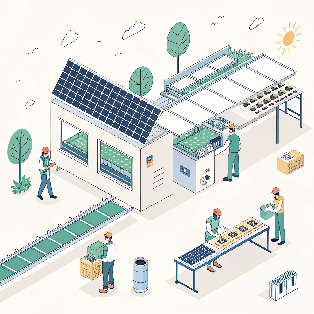 Minimalistic depiction of sustainable eco-innovation in padel racket production with renewable energy and modern factory elements