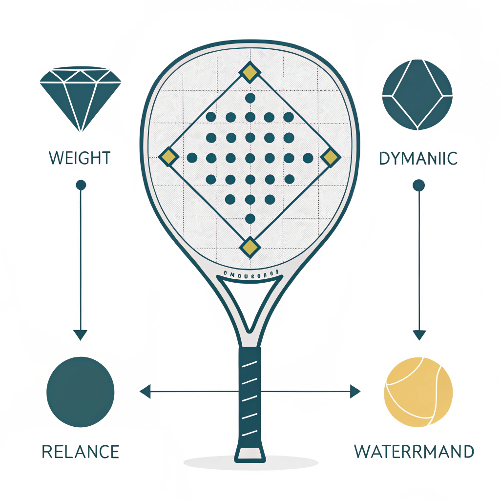 A clean 2D illustration of a padel racket highlighting dynamic weight balance and minimal design.