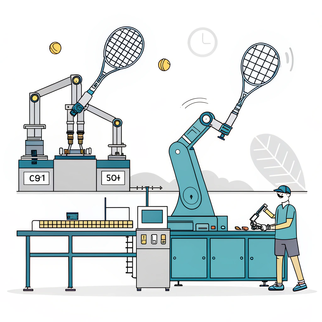 Minimalist 2D illustration of robotic machinery and automated padel racket molding