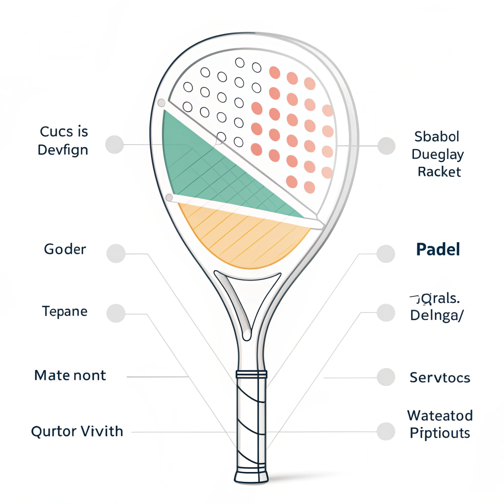 Minimalist 2D illustration of a padel racket showing layered materials and performance cues